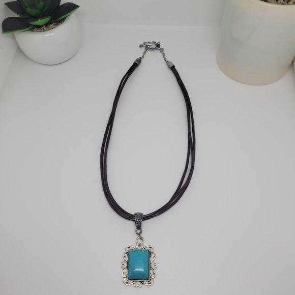 3 Strand Distressed Leather Necklace with Turquoise Pendant with scroll detail - Picture 7 of 7